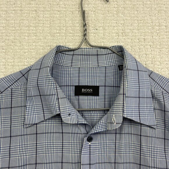 Hugo Boss Dress Shirt Mens 16 1/2 Button Down Preppy Slim Baby Blue Gingham - Picture 2 of 11